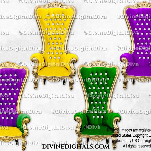 Mardi Gras High Back Chair Royal Throne Velvet Gold Purple Green Yellow | Clipart Digital Instant Download