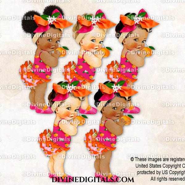 Little Cutie Orange Hot Pink Big Bow Rhinestone Shoes Tangerine Clementine | Baby Girl 3 Skin Tones | Clipart Instant Download