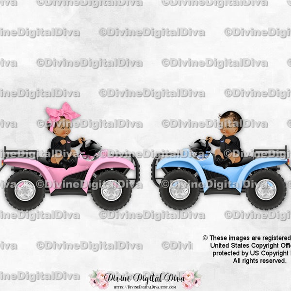Little Prince & Princess Riding 4 Wheeler ATV Blue Pink Bow Gender Reveal Twins | Sitting Baby Boy Girl Medium | Clipart Instant Download