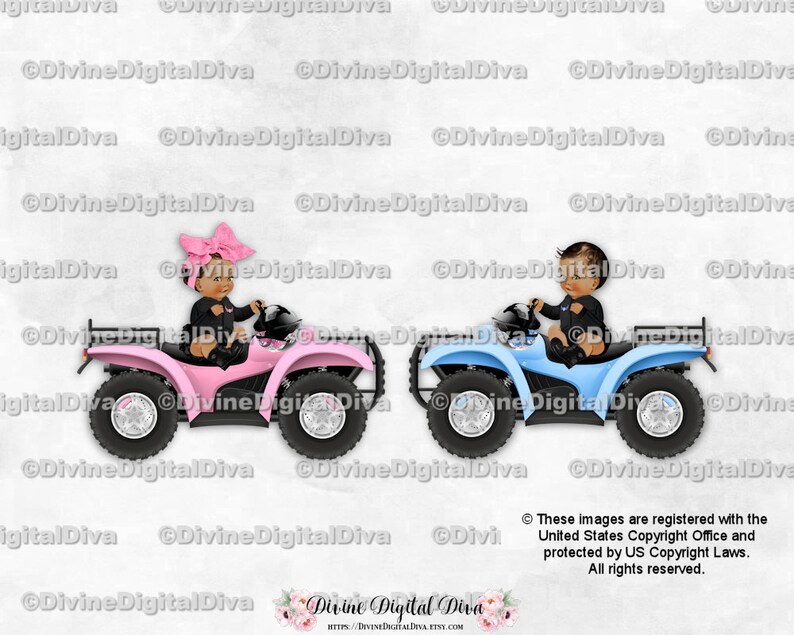 Little Prince & Princess Riding 4 Wheeler ATV Blue Pink Bow Gender Reveal Twins Sitting Baby Boy Girl Medium Clipart Instant Download image 1