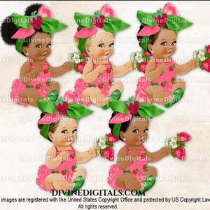 Erdbeer Thema Rosa Grün Big Bow Strass Schuhe | Sitzendes Baby Mädchen 3 Hauttöne | Clipart Sofort Download