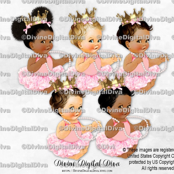 Chemise tutu princesse ballerine rose clair perles couronne dorée | Assis bébé fille 3 tons de peau | Clipart Téléchargement instantané