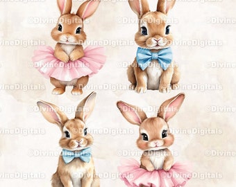 Baby Bunnies Blue Bow Tie Pink Tutu Ballerina Nursery Art Boy Girl Bunny CU Clipart