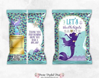 Printable Chip Bags | Mermaid Purple Turquoise & Gold Shells Clamshell | Digital Instant Download