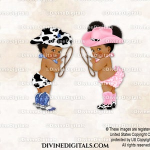 Vaquera con estampado de vaca azul y botas rosas, sombrero y lazo, estilo western, para niño y niña, en tonos oscuros, para revelar el género de los gemelos, descarga instantánea de imágenes prediseñadas.