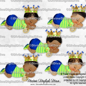 Bague scintillante en diamants avec chaîne couronne en or à rayures bleu ciel et vert frais | Bébés de couleur Prince endormis | Clipart à téléchargement immédiat