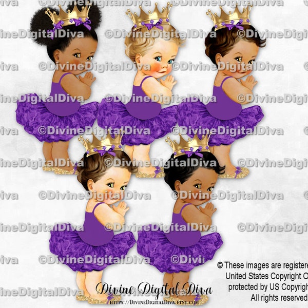 Princess Ballerina Purple Tutu Gold Crown Shoes | Baby Girl 3 Skin Tones Puffs | Clipart Instant Download