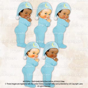 Twinkle Little Star Little Prince Blue Footie Pajamas Nightcap with Moon & Stars | Baby Boy 3 Skin Tones | Clipart Instant Download