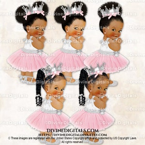 Robe tutu en tulle rose poudré princesse, cheville, ruban, couronne argentée | Soufflés bébé fille tressés colorés | Clipart à téléchargement immédiat