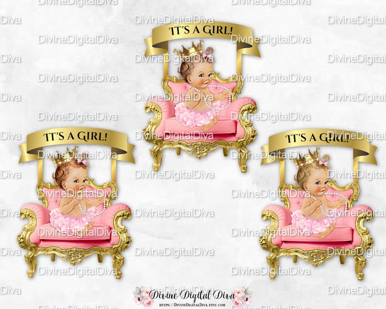 Clipart Instant Download Vintage Baby Girl Light Skin Tones Ballerina Pink Gold Chair Banner Tutu Crown Pearl Necklace