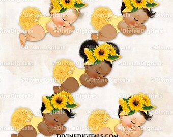 Slapende babymeisje zonnebloem grote strik geel groen Clipart
