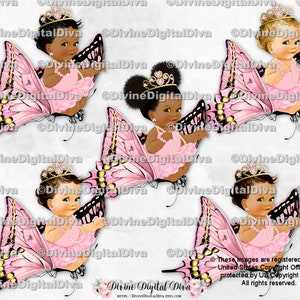 Princesa borboleta rosa tutu ouro tiara pérolas | Sentado em uma borboleta voadora | Bebé 3 tons de pele | Download instantâneo de clipart