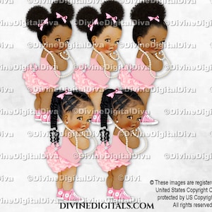 Pantalones con volantes de princesa Zapatillas rosas Perlas / Bebés niñas de color Trenzas étnicas afroamericanas / Clipart Descarga instantánea