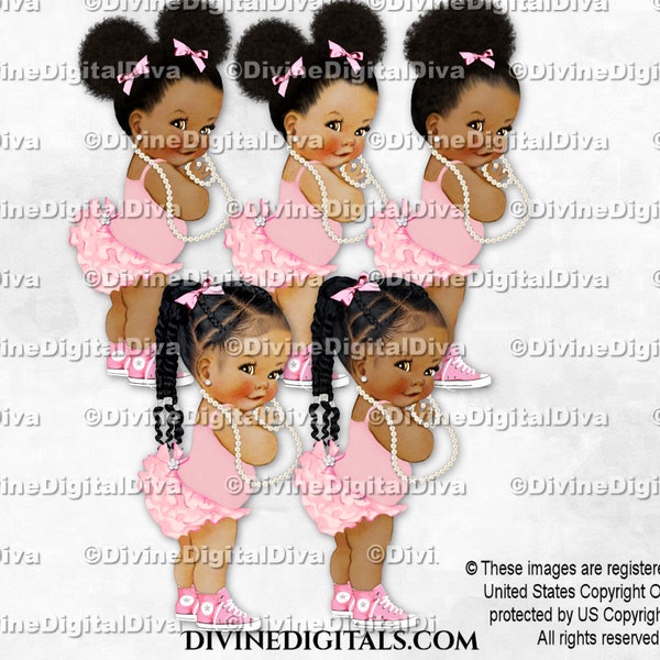 Princess Ruffle Pants Pink Sneakers Pearls | Baby Girl Babies of Color African American Ethnic Braids | Clipart Instant Download