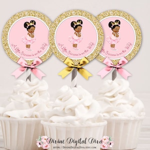 Cupcake topper cirkel prinses ballerina roze tutu en gouden kroon | Donkere toon soezen babymeisjes Afro-Amerikaans | Digitale directe download