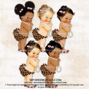 Pantalon guépard léopard safari jungle princesse collier roche rose os avec noeud et chaussures | 3 tons de peau de bébé fille | Clipart à téléchargement immédiat