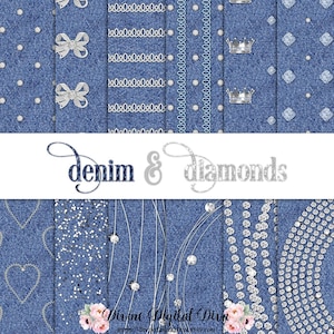 Pacchetto di carta da ritagli digitale blu argento denim e diamanti sfondo / download immediato