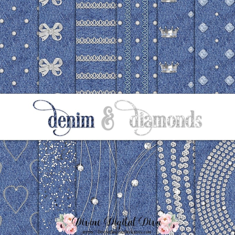 Puede incluir: Un paquete de papel digital con 10 patrones diferentes con denim y diamantes. Los patrones incluyen corazones, lazos, coronas y varios dise&ntilde;os de diamantes.