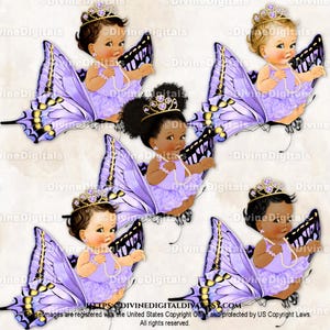 Princess Butterfly Lavender Tutu Gold Tiara Pearls | Sitting on Flying Butterfly | Baby Girl 3 Skin Tones | Clipart Instant Download