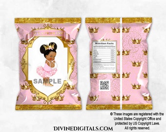 Printable Chip Bags Princess Pink & Gold | Baby Girl Dark Tone Puffs | Ethnic African American | Digital Instant Download