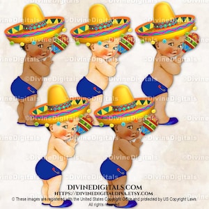 Mexicaanse Fiesta Sombrero Maracas Marineblauw Geel Mexico | Babyjongen 3 huidskleuren | Clipart direct downloaden