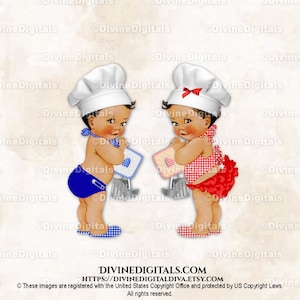 Ustensiles de cuisine BabyQ bleu royal avec chapeau à carreaux rouges Little Chef | Ton moyen Garçon Fille | Sexe révélateur des jumeaux | Clipart à téléchargement immédiat