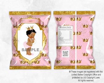 Printable Chip Bags It's a Princess Pink & Gold | Baby Girl Dark Tone | Ethnic African American | Digital Instant Download