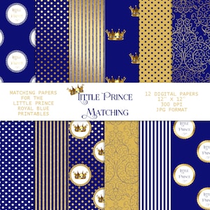 Little Prince Royal Blue Gold Glitter Dot Stripe Crown | Baby Boy | Digital Scrap Paper Pack | Instant Download