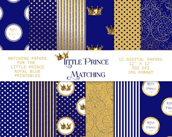 Little Prince Royal Blue Gold Glitter Dot Stripe Crown | Baby Boy | Digital Scrap Paper Pack | Instant Download