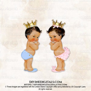 Pantalones con volantes de principito y princesa, corona rosa, azul y dorada, tono de piel medio, bebé niño niña, revelación de género de gemelos, descarga instantánea de imágenes prediseñadas