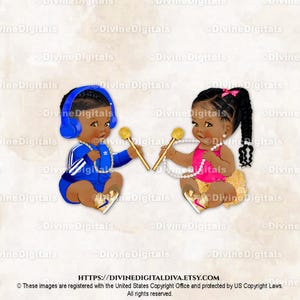 Hip Hop DJ Headset Royal Blue Gold Chain Hot Pink Beauty Beats | Baby Boy Girl Dark Tone Braids | Gender Reveal | Clipart Instant Download