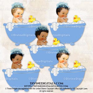 Piccolo principe seduto nella vasca da bagno blu, vasca da bagno con bolle, paperella di gomma / 3 tonalità di pelle per bambini / Clipart da scaricare immediatamente