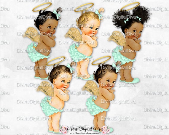 Ruffle Pants Mint /& Gold Sneakers Pearls Clipart Instant Download Baby Girl 3 Skin Tones
