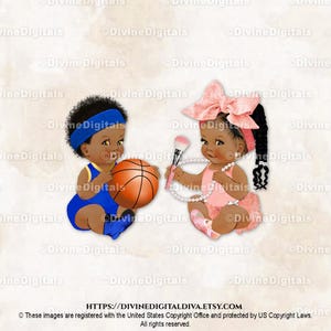 Bandeja o maquillaje Baloncesto Azul Real Oro Rosa / Bebé Sentado Niño Niña Trenzas Oscuras / Revelación de Género de Gemelos / Clipart Descarga Instantánea