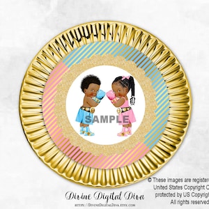 Boxeo 8 pulgadas círculo placa insertar decoración boxeadores azul rosa y oro / bebé niño niña trenzas de tono oscuro / descarga instantánea digital