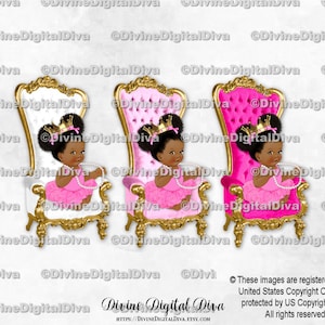 Princess Ballerina Throne Chair Hot Pink White Gold Crown Tutu | Baby Girl Dark Tone African American Ethnic | Clipart Instant Download