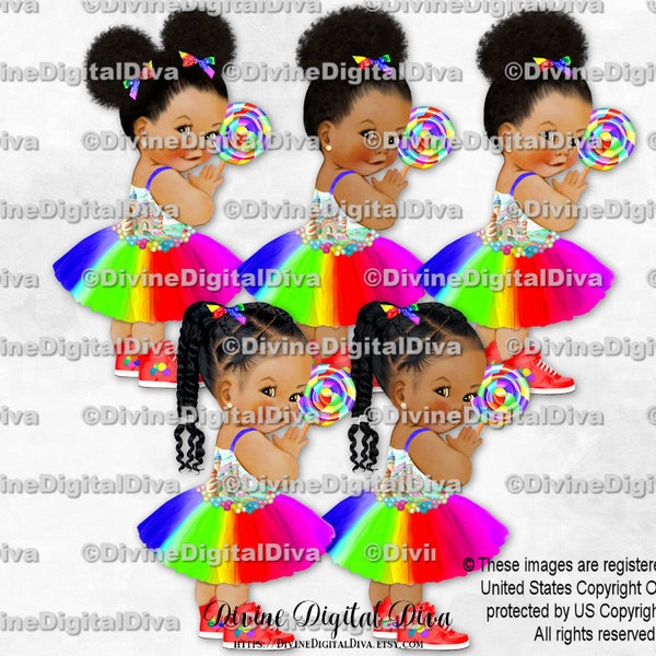 Candy Girl Rainbow Dress Sneakers Lollipop | Red Purple Blue Green Yellow Colors | Baby Girl Babies of Color  | Clipart Instant Download