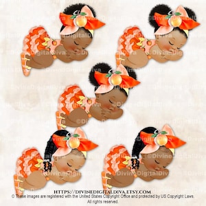 May include: Digital illustration of several sleeping baby figures. Each baby has dark skin, black curly hair, and wears a peach-themed outfit with a matching bow. The image includes the Etsy shop URL and copyright information.