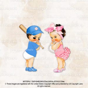 Pantalones de béisbol azul con volantes y lazo grande en la cabeza rosa / Bebé niño niña tono claro / Revelación de género para gemelos / Descarga instantánea