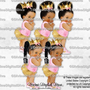 Princess Ruffle Pants Baskets roses et dorées Crown | Tresses bébé fille afro-américaines bébés colorés | Clipart à téléchargement immédiat