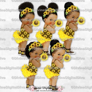 Sunflower Yellow Brown Green Ruffle Pants Flower Hairpiece Sneakers | Baby Girl Babies of Color African American | Clipart Instant Download