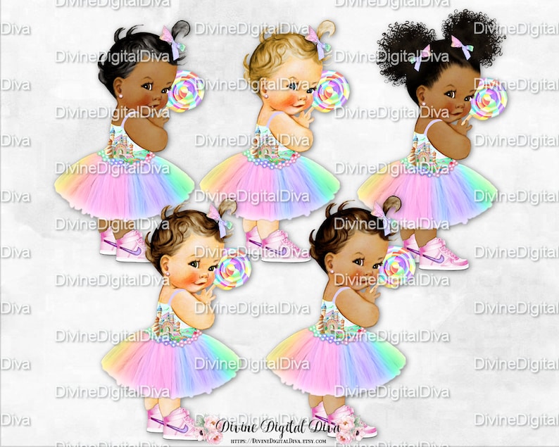 Vintage Baby Girl Pink Lavender Mint Yellow Candy Girl Pastel Rainbow Dress Sneakers Lollipop Clipart Instant Download