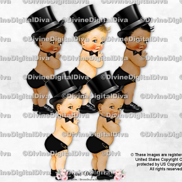 Little Prince Top Hat Bow Tie Black Little Man Gentleman | Baby Boy 3 Skin Tones | Clipart Instant Download