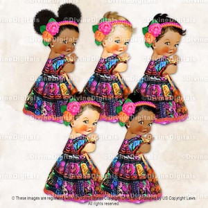 Mexican Embroidered Jalisco Dress Flower Headband Black Hot Pink Orange Yellow Purple Blue Mexico | Baby Girl | Clipart Instant Download