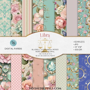 Libra Escalas da Justiça Zodíaco Fundo Sem Costura Papéis Digitais Astrologia Mês de Nascimento Flor Hortênsia Bluebell Rosas Granada Opala Gemas CU