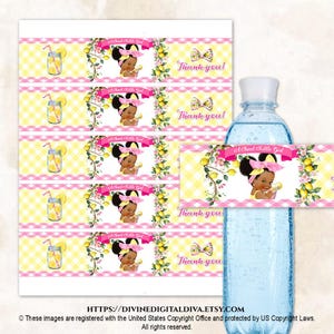 May include: Water bottle with a label featuring a cartoon girl, lemons, and the text "A Sweet Little Girl." The design includes pink ribbons, floral accents, and a yellow gingham pattern. The words "Thank you!" are also present.