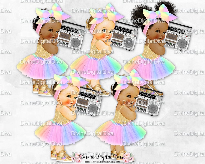 Baby Girl 3 Skin Tones Puffs Clipart Instant Download Princess Rainbow Tutu Head Bow Sneakers Boombox Pastels