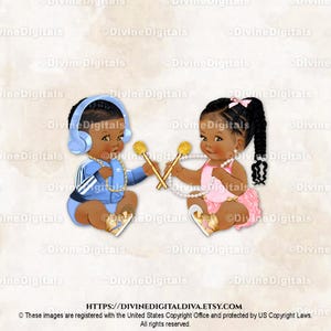 Fone de ouvido com microfone para DJ, bebê menino menina, tênis azul rosa dourado | Bebês sentados, tranças em tom escuro | Clipart para download instantâneo