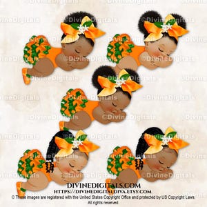 Little Cutie orange grüne große Schleife Mandarine | Schlafende Babymädchen der Farbe African American Ethnic | Clipart Sofort Download