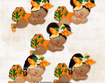 Pequeña monada naranja verde lazo grande mandarina niña durmiendo bebés de color clipart